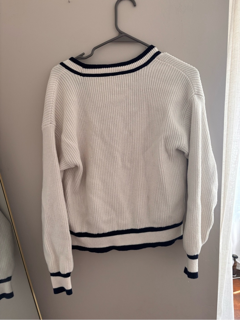 LOFT | Cotton Knit Cardigan - Cream with‎ Navy Trim - Picture 2 of 5